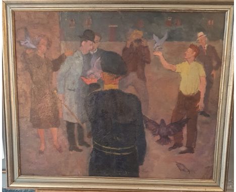 James T Ferguson [1923-2013] Oil, Feeding The Pigeons  [Frame 53 x 61cm]Please Note We Will Not Pack This Item. 