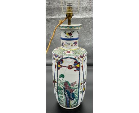 Antique 19th century Chinese hand painted vase depicting four various ornate panels, converted to a table lamp at a later sta