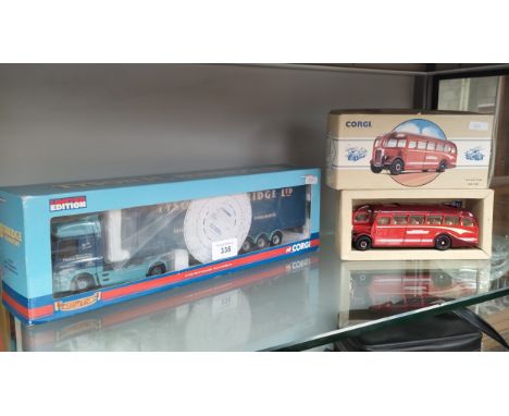 Boxed corgi curtain side lorry 1.50 scale Tyson H Burridge ltd together with bus model . 