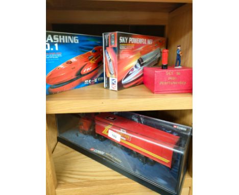 Large corgi royal mail truck together with 2 boat models together with metal figure and post box . 