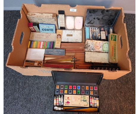 A Box containing vintage art utensils and boxes to includes Windsor &amp; Newton paint tins, charcoal and other items. [Will 