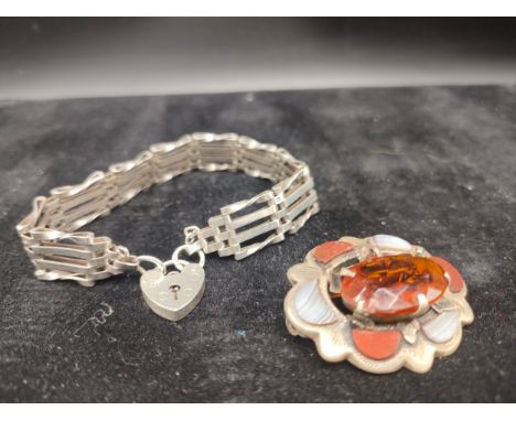 London Silver gate bracelet together with a silver and agate brooch with orange centre stone [Will post] 