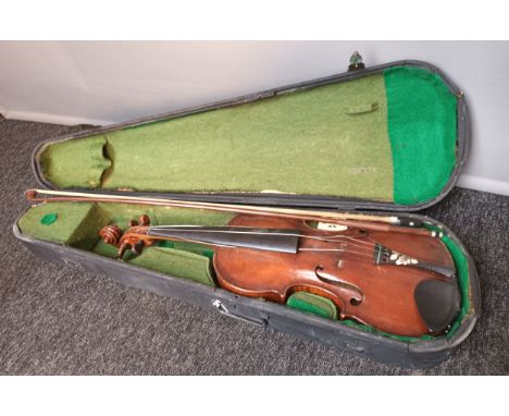 19th century violin with bow, comes with coffin case, bow named Grimm, Violin is inscribed in pencil to the inside with maker