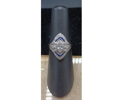 Silver cz and sapphire art deco style ring 