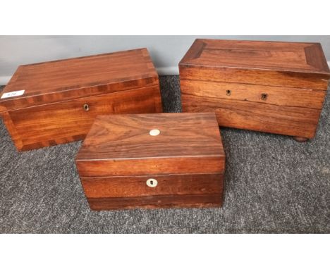 Three various antique tea caddy boxes, two made from rosewood and the other made from mahogany. [Will not post] 