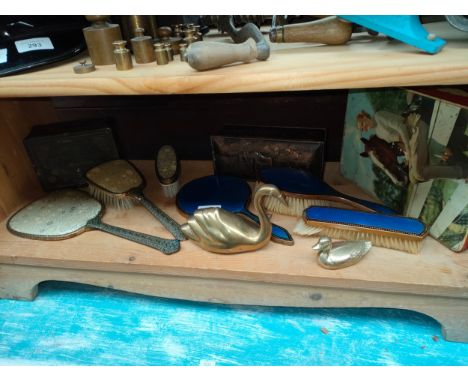 Shelf of collectables includes enamel vintage brush set , petit point dressing table set etc. 