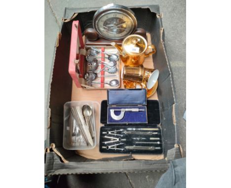 Box of collectables includes compass set, boxed gauge instrument &amp; art deco clock etc . 