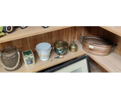 Lot of collectables include brass planter. 
