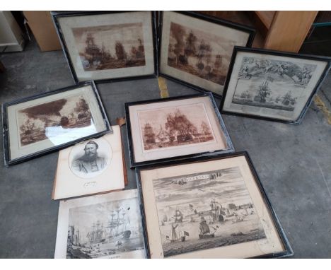 Selection of antique 19th century engravings depicting Sherness ships scenes , various ship scenes , portrait etc. 