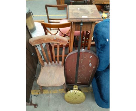 Antique plant stand , brass antique chess nut warmer, bagatelle game together with antique chair . 