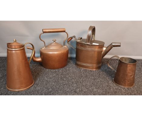 Antique copper wares to include 19th century 6 PT. Water can, Copper kettle, Copper lidded jug with enamel insert and 18th ce