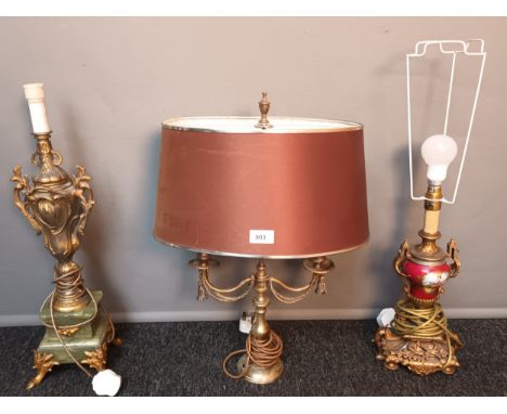 Three antique Ornate table lamps, includes Green onyx and brass design lamp, Porcelain and Ormalu mounted table lamp and rege