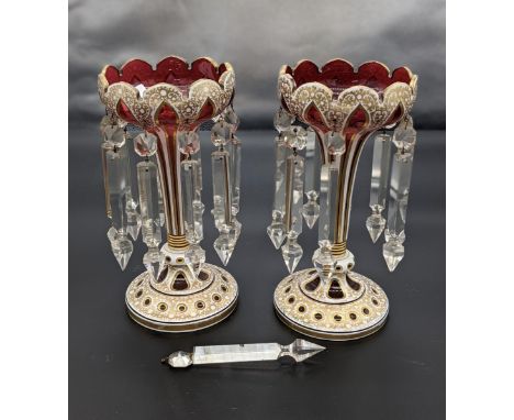 Pair of antique bohemian ruby cut lustres [possibly Moser] (28cm) 
