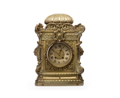 VICTORIAN CAST BRASS MANTEL CLOCKthe two train eight day movement unsigned, the brass dial with Roman numeral chapter ring, t