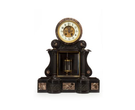 VICTORIAN BLACK SLATE MANTEL CLOCKthe two day eight train movement by Jules Rolez Limited of Paris, the gilt dial with visibl