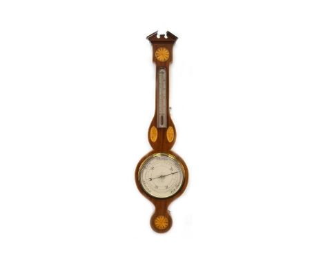 EDWARDIAN INLAID MAHOGANY WHEEL BAROMETERbroken arch pediment, alcohol thermometer, unsigned silvered dial, 96cm high
