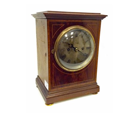 EARLY 20TH CENTURY MAHOGANY MANTEL CLOCKretailed by Edward, Glasgow, two train, eight day, double fusee movement, the silvere