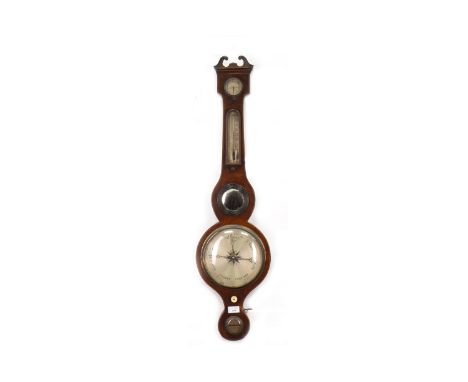 EARLY 19TH CENTURY MAHOGANY WHEEL BAROMETER BY DELLA TORRE, PERTHbroken swan neck pediment, dry/damp dial above an alcohol th