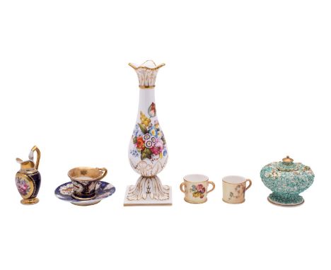 A mixed group of English porcelain, comprising a miniature Chamberlain ewer with flower decoration [glue repair to handle], a