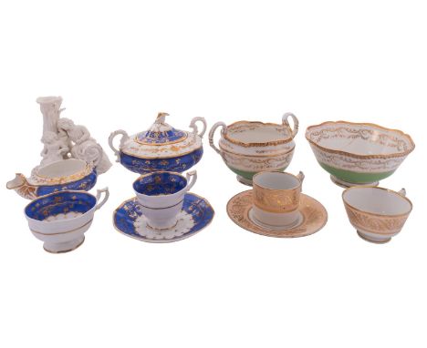 A mixed lot of 19th century English porcelain including a blue and gilt sucrier and cover, milk jug and matching trio; a Flig