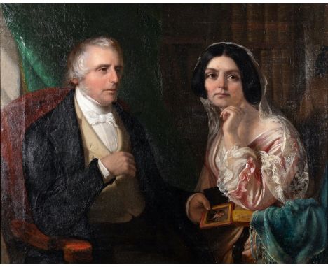 British School, 19th CenturyA double portrait of a Lady and a Gentleman, both seated in an interior, he holding a portrait mi