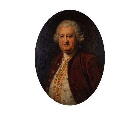 William Hoare of Bath (British, 1707- 1792)Portrait of Claude Champion de Crespigny, wearing a crimson coat and embroidered w