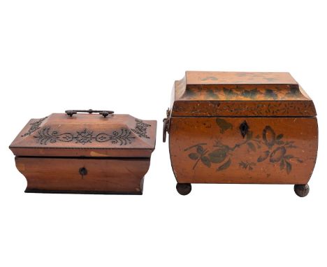 A Regency painted maple tea caddy, circa 1815; of bombe sarcophagus form, decorated overall with flowers, foliage and butterf