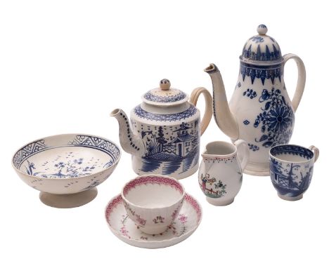 A mixed lot of late 18th/early 19th century English pearlware including a coffee pot and cover; a teapot and cover; a sparrow