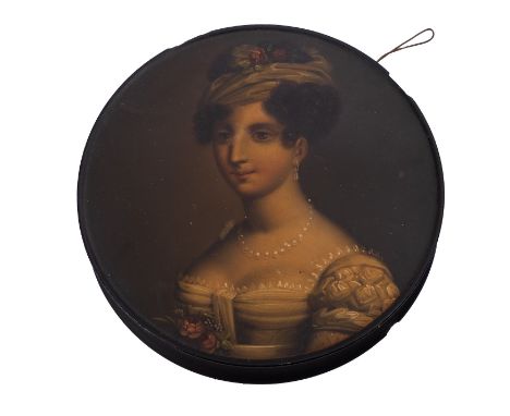 A German painted and lacquered papier-mâché snuff box, La Belle Sicilenne, by Stobwasser of Brunswick, first half 19th centur