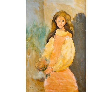 Jose Luis Figueroa (Portuguese, b.1923)Portrait of a lady in a pink dress holding a  posy of flowersOil on canvas85 x 57cmSig