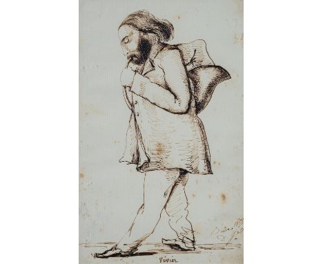 Jean-Pierre Dantan (French, 1800 -1869)Portrait of Eugene Leon Vivier playing the hornPen and ink21 x 13cmSigned lower right 