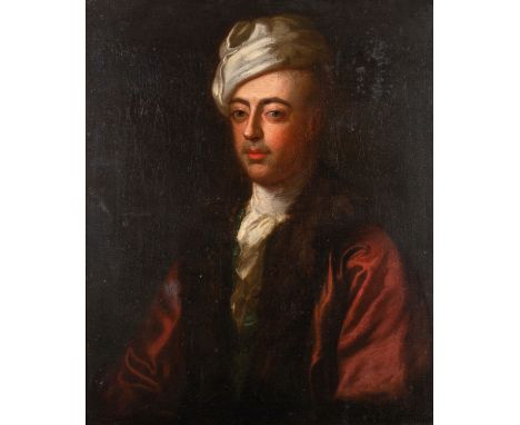 Circle of Godfrey Kneller (British,1646-1723)Portrait of a gentleman, half-length, wearing a white turban, white cravat and r