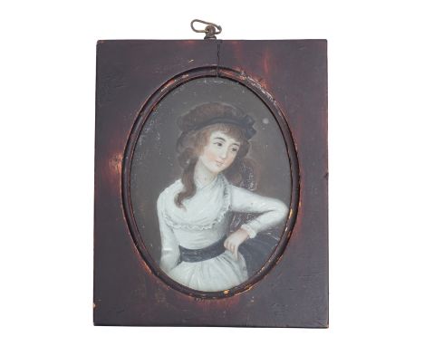 A Chinese reverse painted miniature half portrait on glass, depicting a young girl in white dress with blue sash and ribbon, 