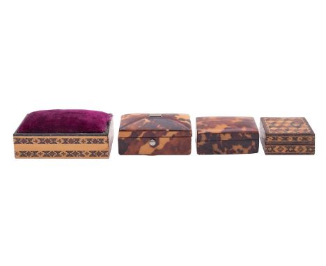 Two tortoiseshell rectangular patch boxes, 18th century; the largest 3cm high, 6cm wide, 3.5cm deep; a Tunbridgeware pin box 