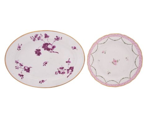 A Derby plate and a Flight Barr & Barr Worcester oval dish the first painted in neo-classical style with pink rose sprigs wit