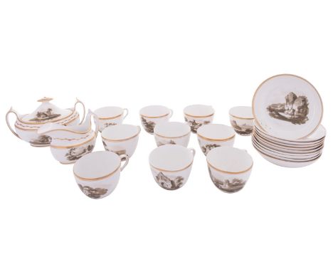 A Spode porcelain part tea service in Bute shape, painted in sepia/charcoal grey monochrome enamels with rustic landscape vig