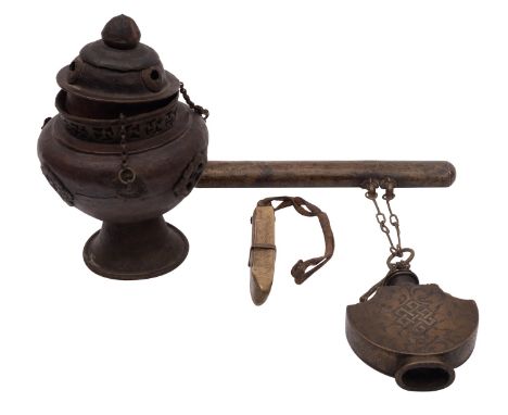 A Tibetan metal hanging incense burner with cover, a similar brass tobacco box with attached pipe holder and a needle case 19