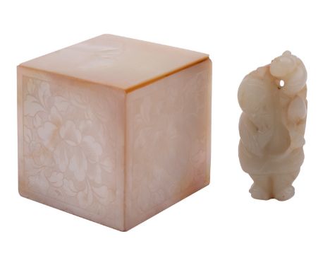 A Chinese jade carving of a man and child, a Cantonese mother of pearl cricket box and cover and a Japanese decorated bamboo 