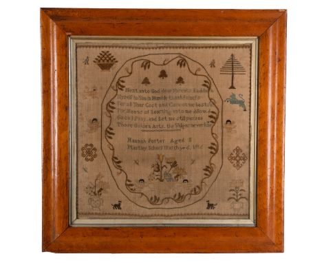 A George III needlework sampler by 'Hannah Porter aged 8 Martley School yr 6 1816', embroidered with a central foliate panel 