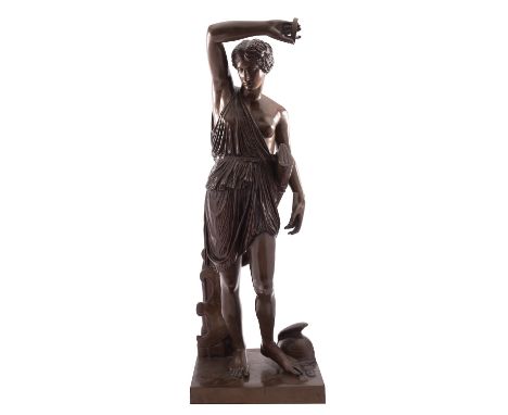 A French patinated bronze model of Diana, cast by the Barbedienne Foundry, late 19th century; portrayed standing in contrappo