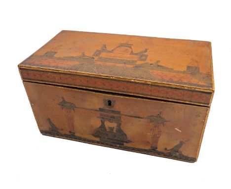 A George III Japanned and pen worked tea caddy, circa 1800; the hinged cover, front, back and sides decorated throughout with