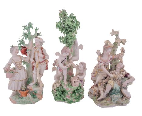 A group of three Derby figural groups, circa 1770-75 all with tree stump bocage supports and mound bases, the first depicting