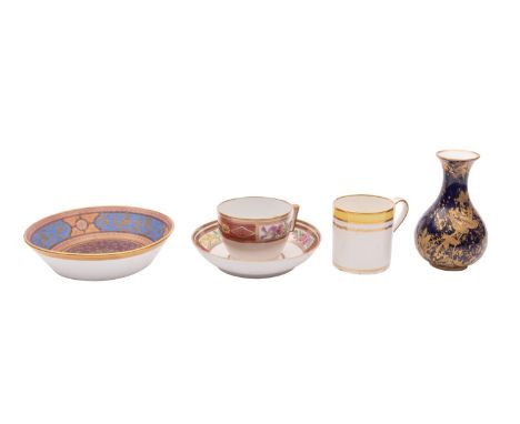 A mixed lot comprising a Chamberlains Worcester Bute shaped cup and saucer; a Vienna saucer, a Coalport blue and gilt bottle 