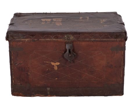 An Anglo Indian leather covered wood yakhdan trunk, Peshawar, second half 19th century; of rectangular form; the cover, front