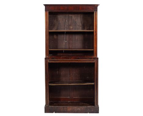 A rosewood and gilt metal mounted open bookcase, early 19th century; the upper section with cornice above an adjustable shelf