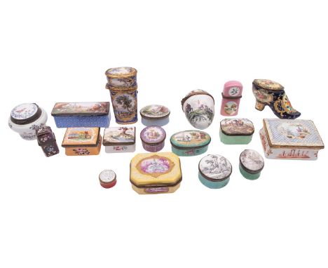 A collection of enamelled and painted metal boxes, 18th century and later; including patch boxes, etui cases, a novelty shoe-
