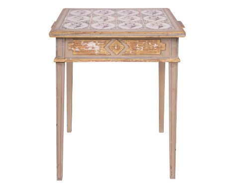 A painted, parcel gilt and tile topped pine side table, in Dutch style, 20th century; the twelve glazed tiles set into the re