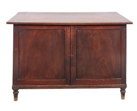 A pair of mahogany hall chests, 19th century and adapted; the tops with reeded edges, each with twin panel doors, reeded base
