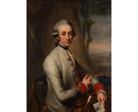 Follower of Anton von Maron  (Austrian, 1731-1808)Portrait of a seated gentleman at a table, with landscape beyond and holdin