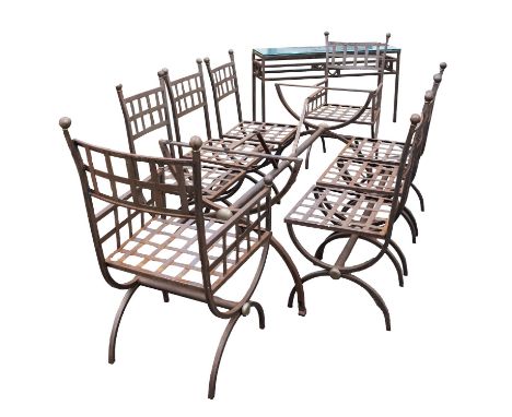 A suite of painted metal garden furniture, late 20th century; comprising eight chairs, including two elbow chairs, all with l